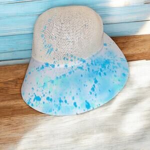 Sun N Sand Wide Brim Sun Hat Blue Splatter Paint Woven Mesh Summer Beach Travel